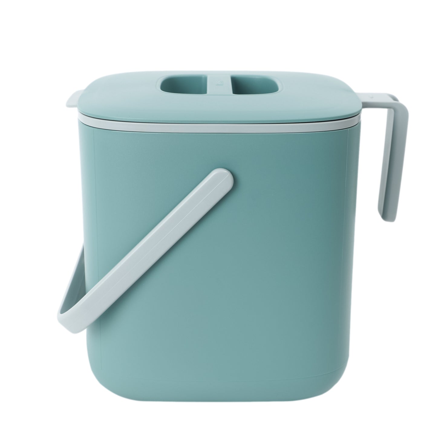 A 2.6L green food waste bin with a closed lid and handle.