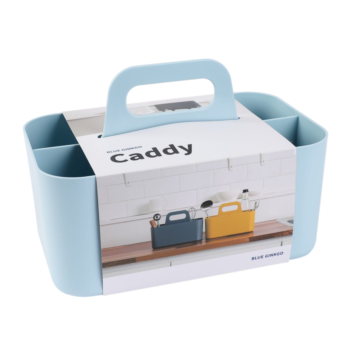 A rectangular blue portable storage caddy with multiple compartments, featuring a modern design on a white background.