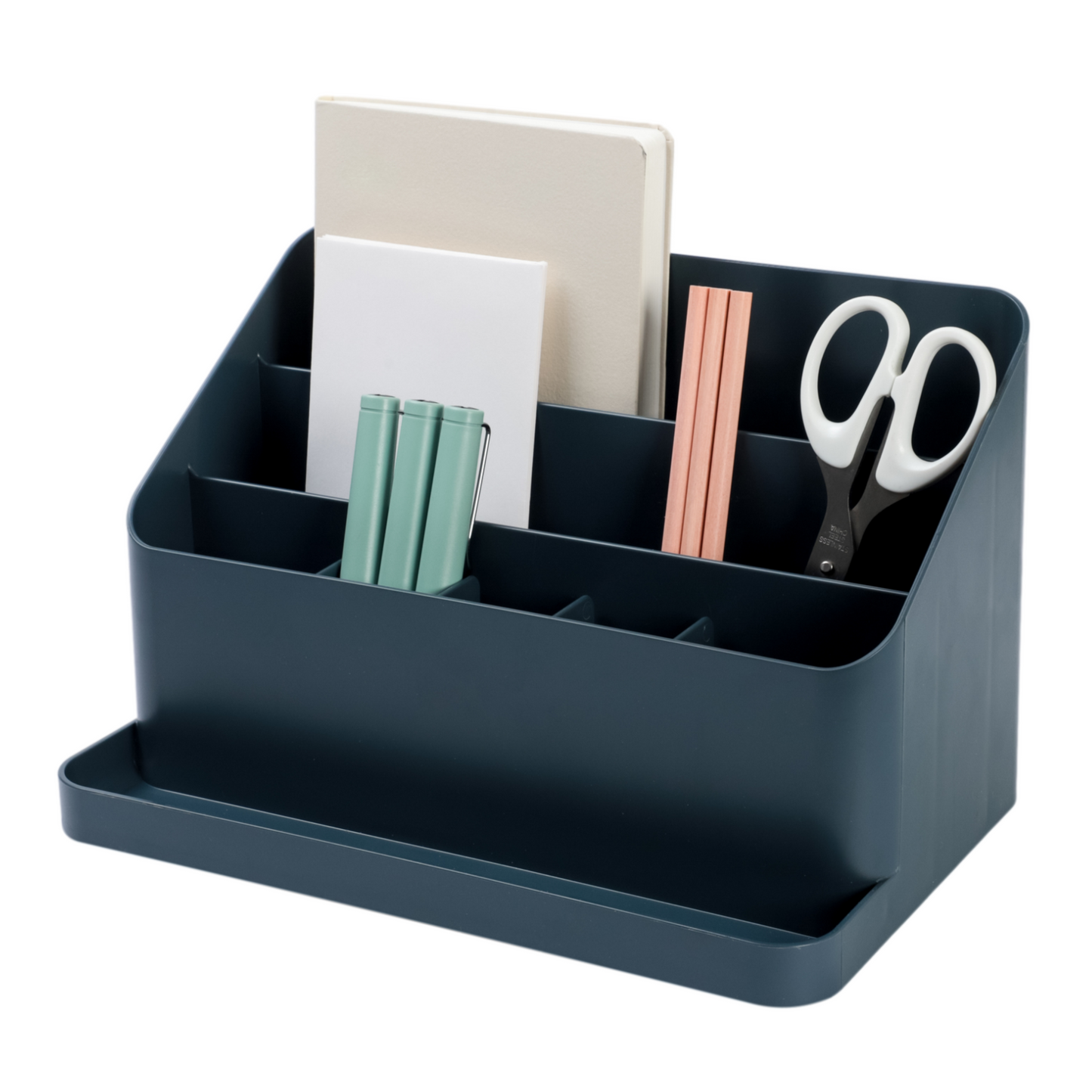 A dark blue all-in-one desk organizer with adjustable dividers containing pens and other office supplies.