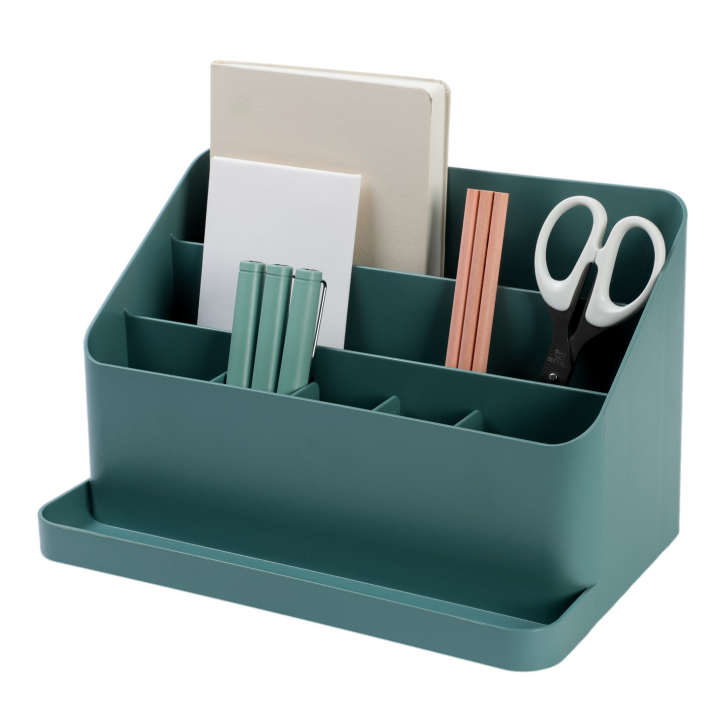 A green all-in-one desk organizer with adjustable dividers containing pens and other office supplies.