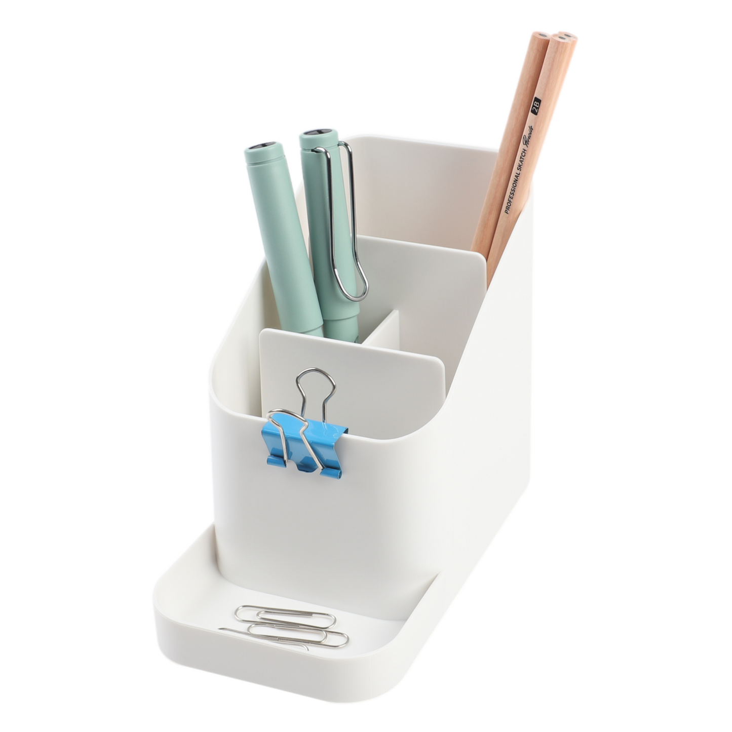 White desk holder with multiple compartments, containing pens and other desk items.