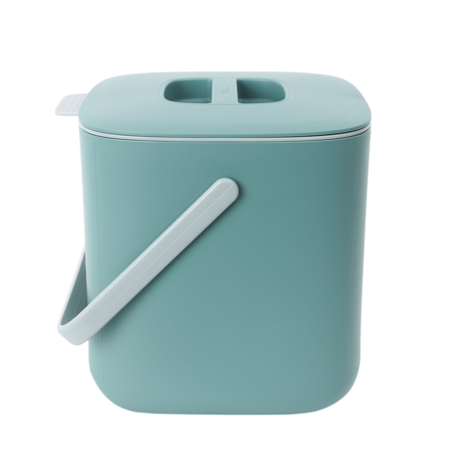 A green food waste bin with a closed lid and handle.