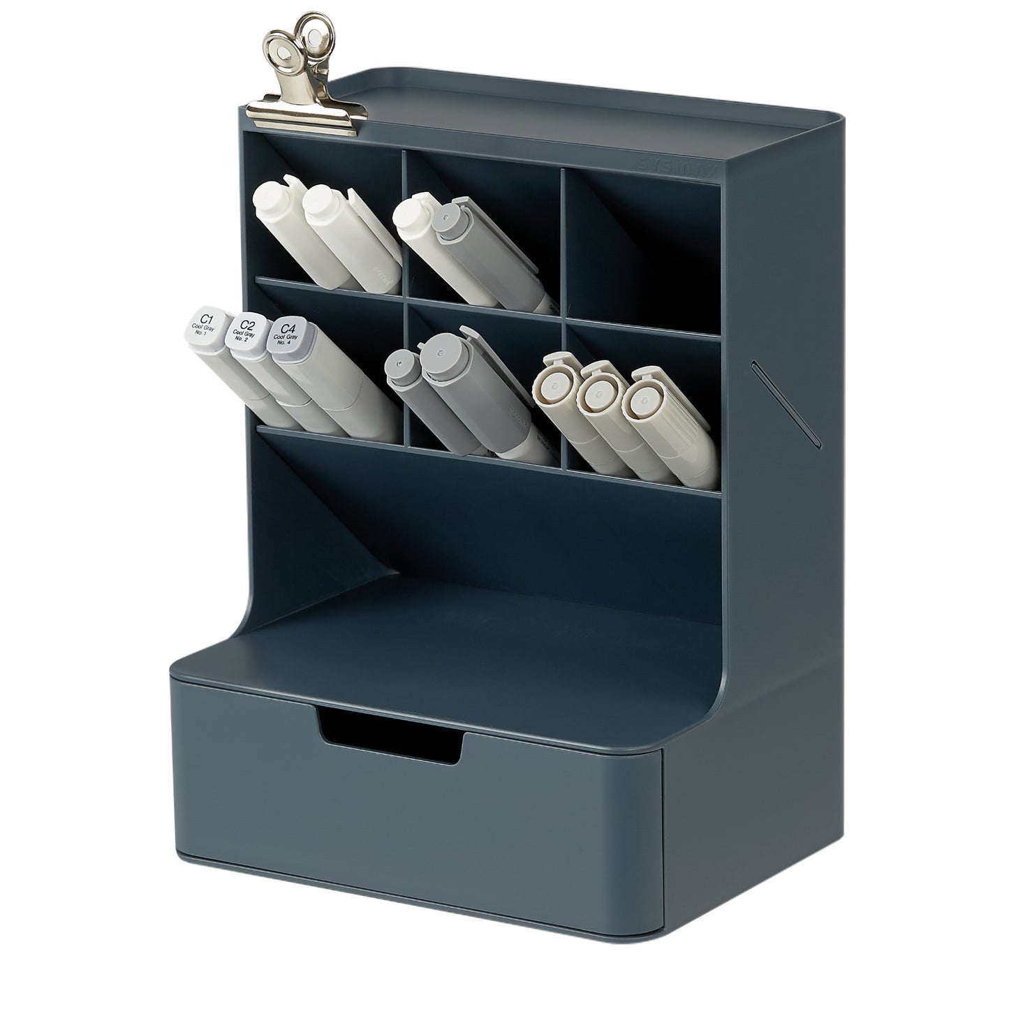 Dark Blue Hive Desk Organizer storage unit with shelves and a drawer containing stationery items on a white background.