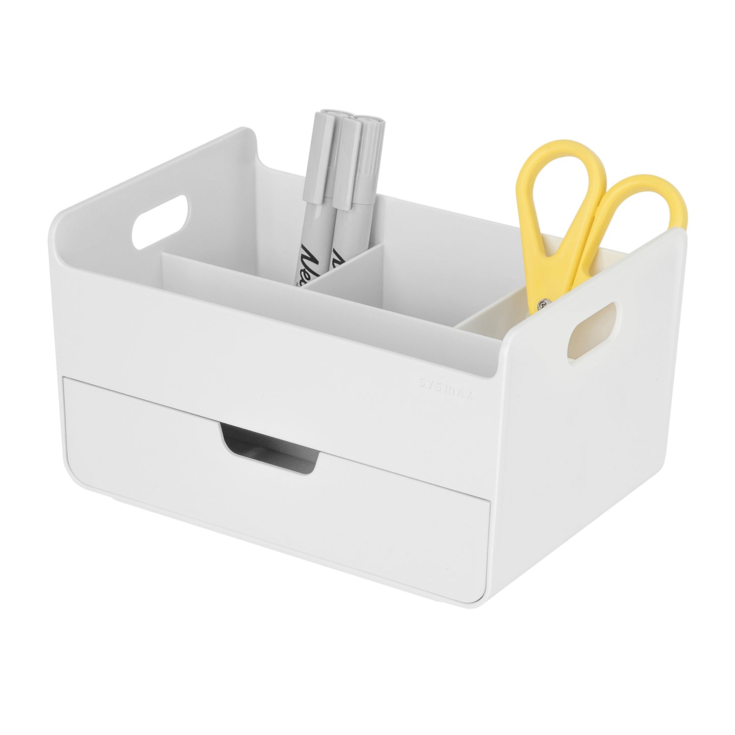 White portable storage organizer with markers on a white background.