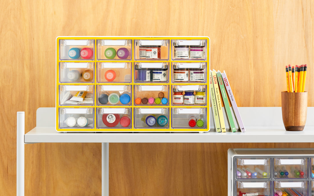 16-drawer cabinet on a white shelf