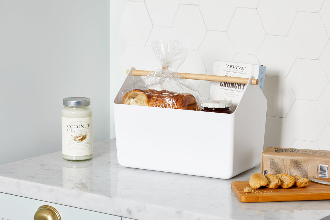 Multipurpose storage baskets, plastic storage bins, wooden handle baskets, home organization, kitchen storage, bathroom storage, toy storage, Korean-made storage bins, Blue Ginkgo, stylish storage solutions.