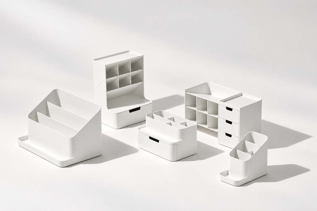 Five white desk organizers with file slots, divided compartments, trays, and drawers arranged on a light background.