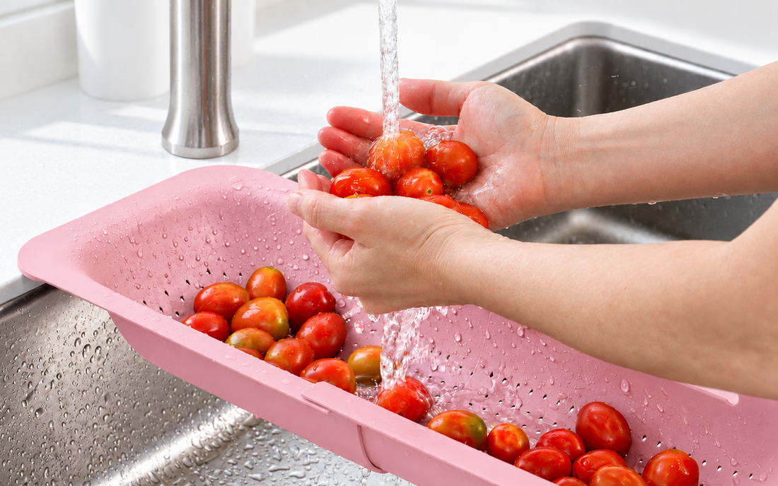 Cherry tomatoes being rinsed under running water above a pink Blue Ginkgo expandable colander spanning a kitchen sink.
