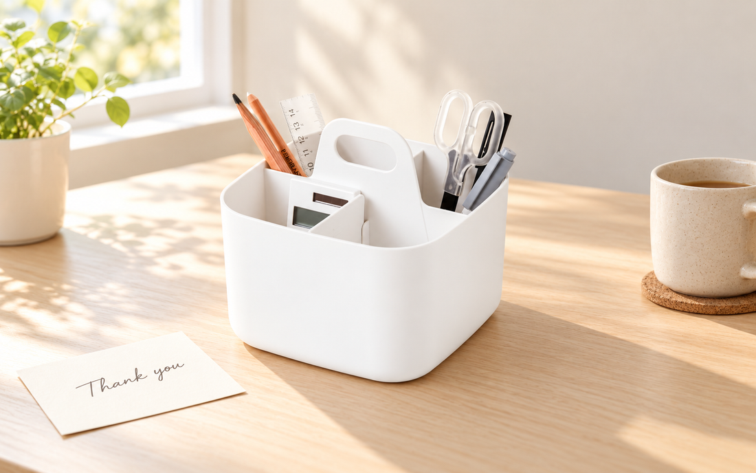 White Blue Ginkgo storage caddy holding stationery on a sunlit desk beside a handwritten thank-you card.
