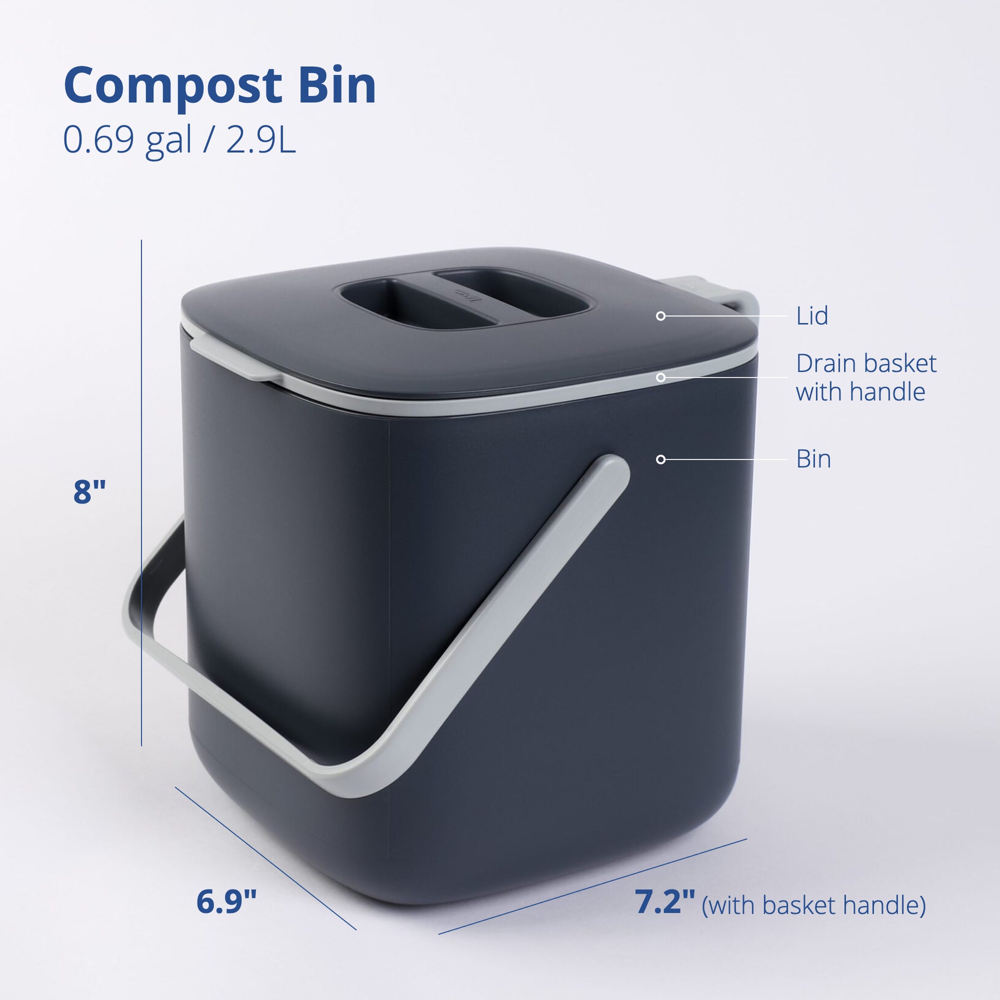 Dimensions of a 2.6L food waste bin on a white background