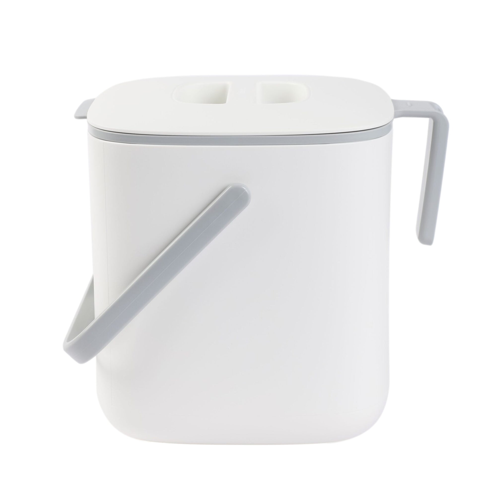 A 2.6L white food waste bin with a closed lid and handle.