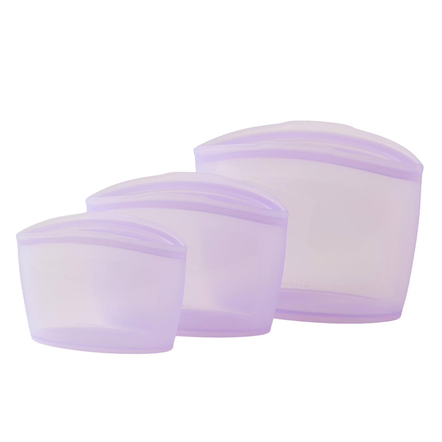 Set of three silicone food storage containers with purple lids on a white background