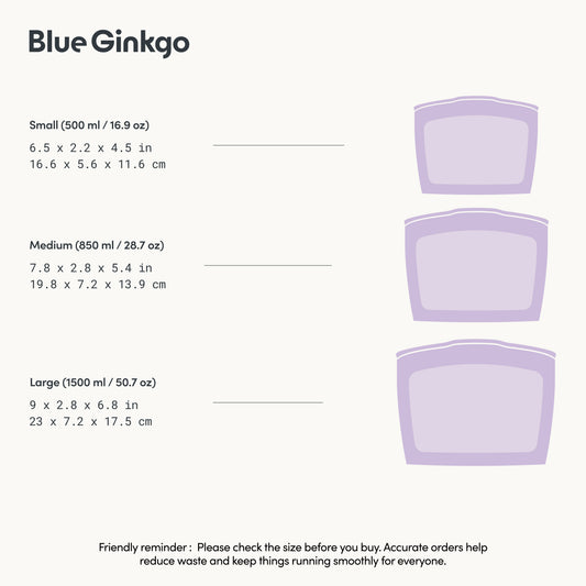 Size chart for Blue Ginkgo containers with dimensions listed.