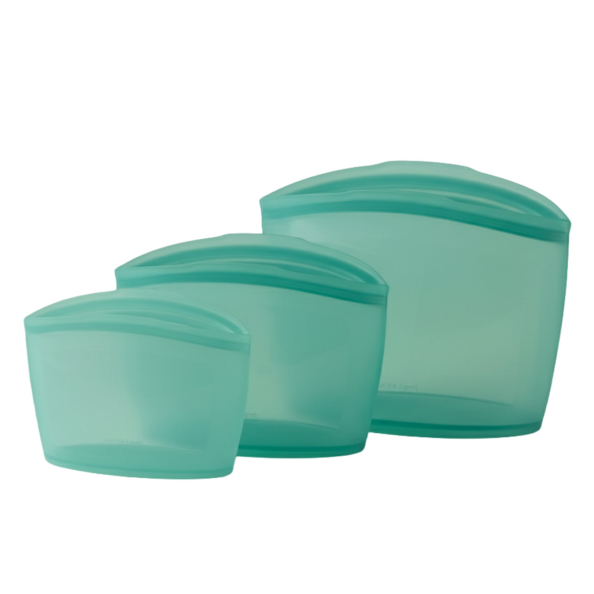 Set of three teal silicone food storage containers on a white background