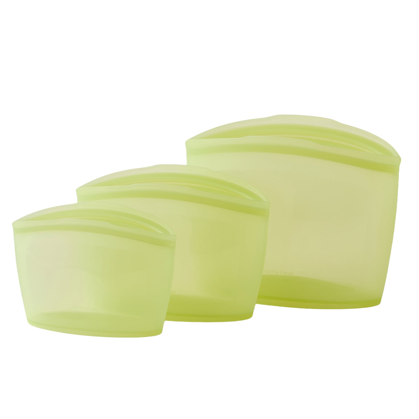 Set of three green silicone food covers on a white background