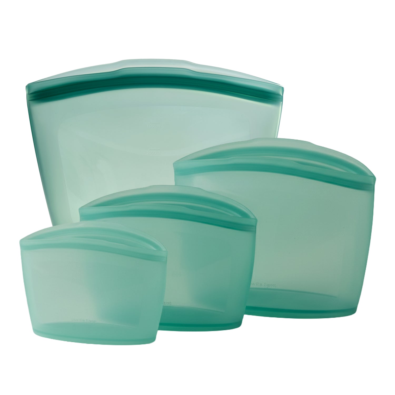 Set of 4 teal silicone bags on a white background