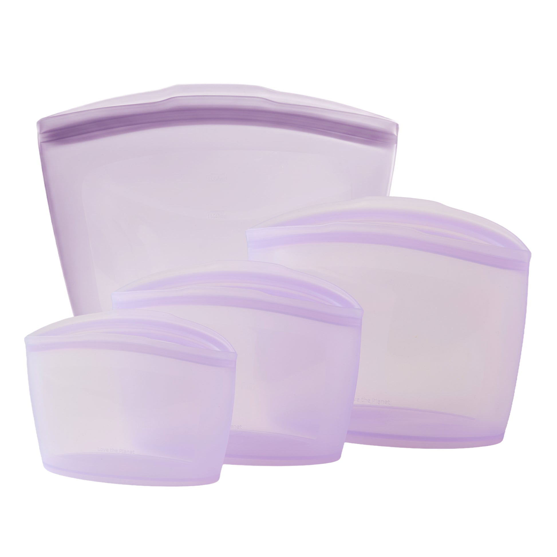 Set of four lavendar-colored silicone bags on a white background
