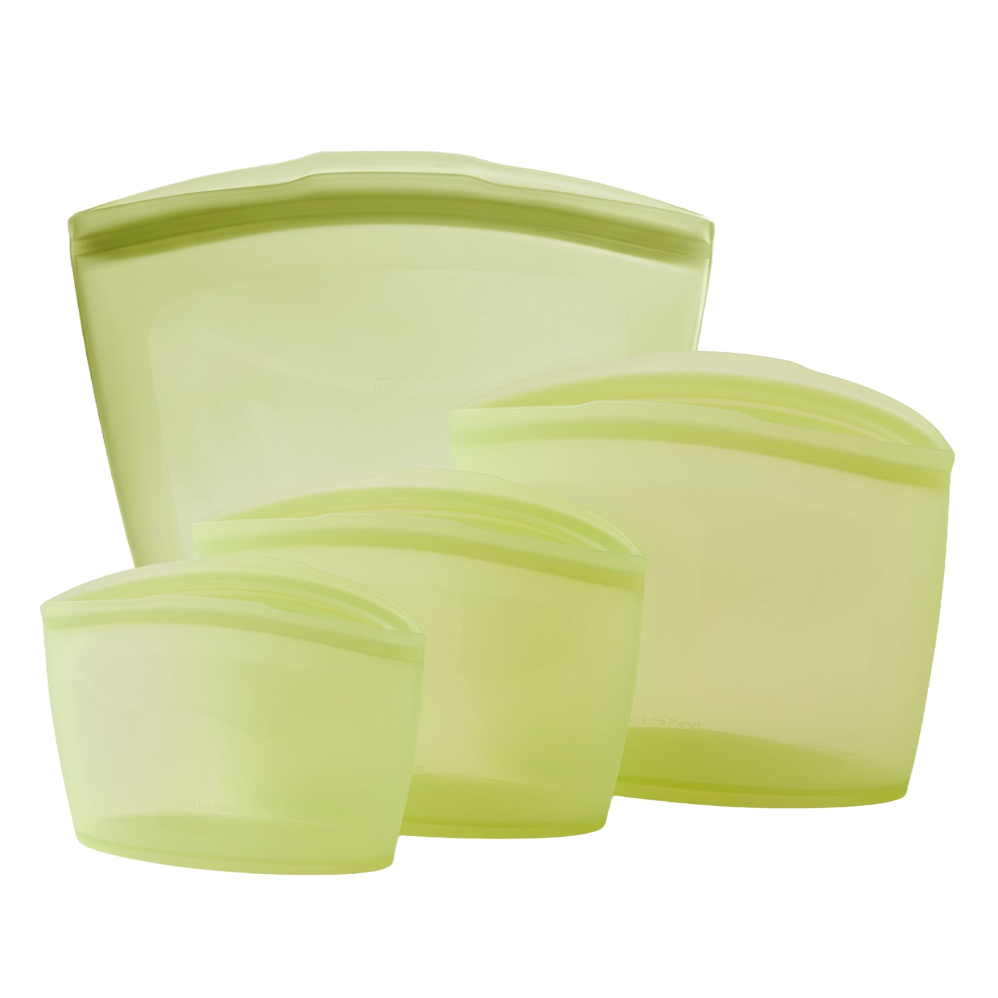 Set of four green-colored silicone bags on a white background