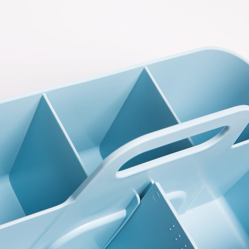 Close-up of inside a blue rectangle caddy from Blue Ginkgo.