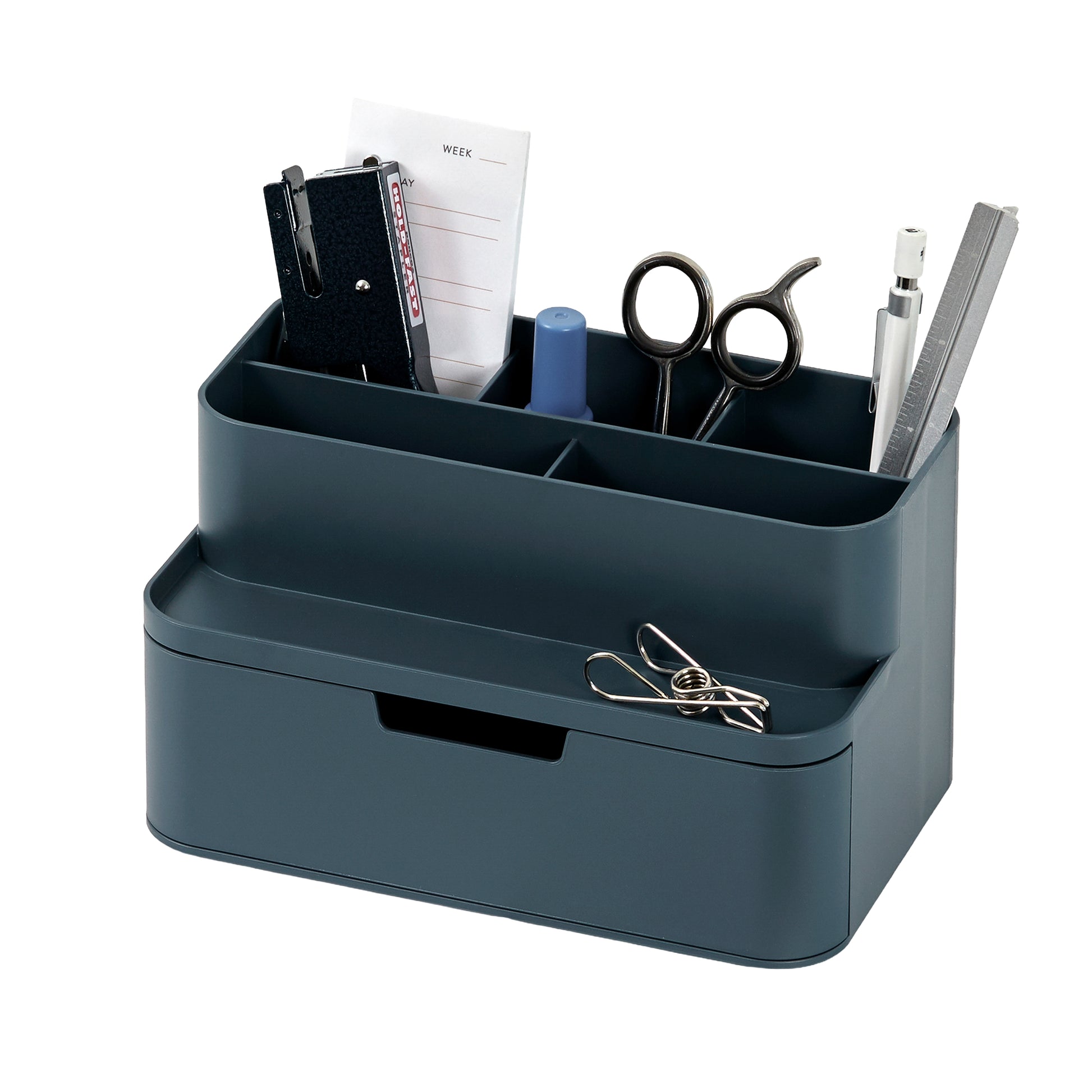 Green compact desk organizer with stationery items on a white background.