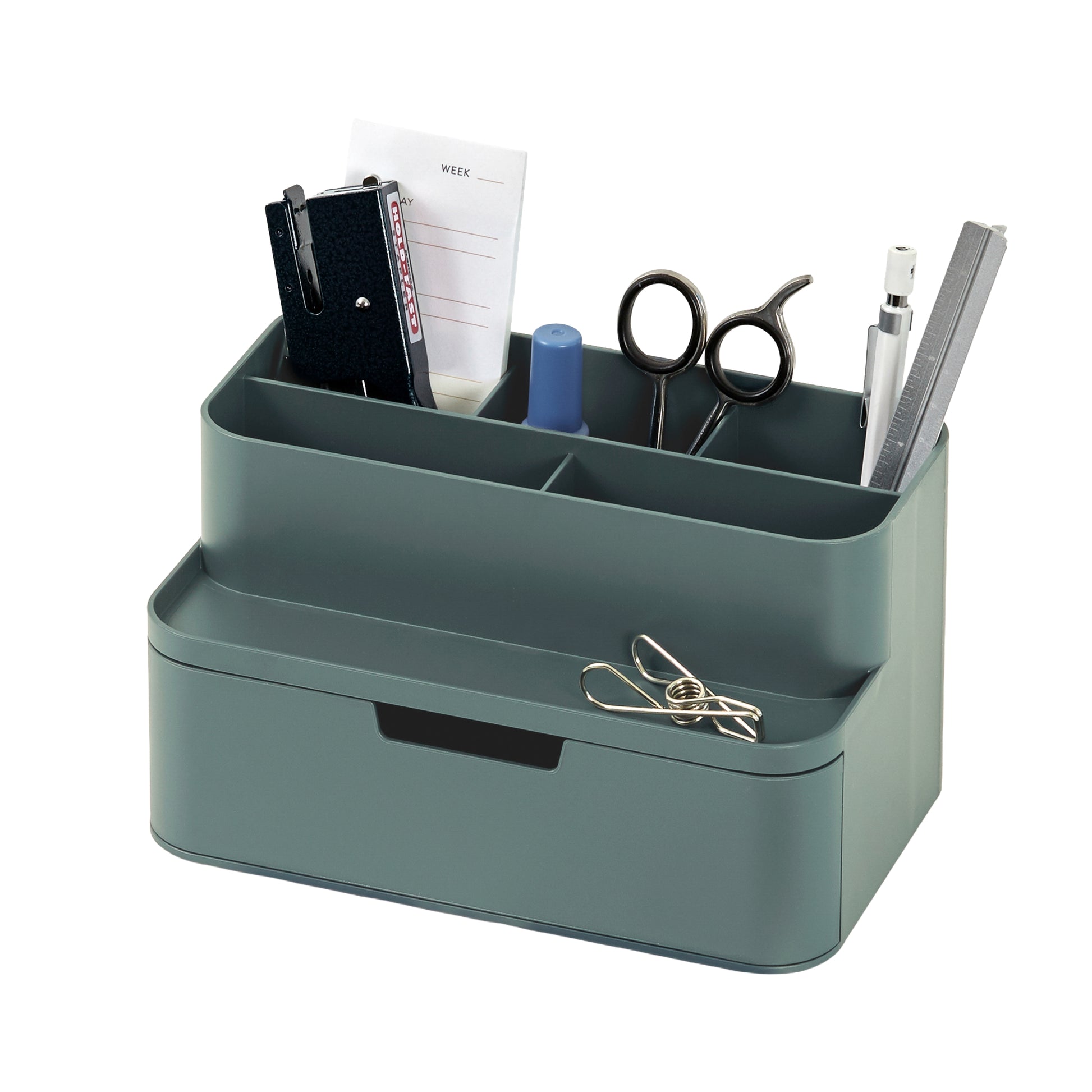 Green compact desk organizer with stationery items on a white background.