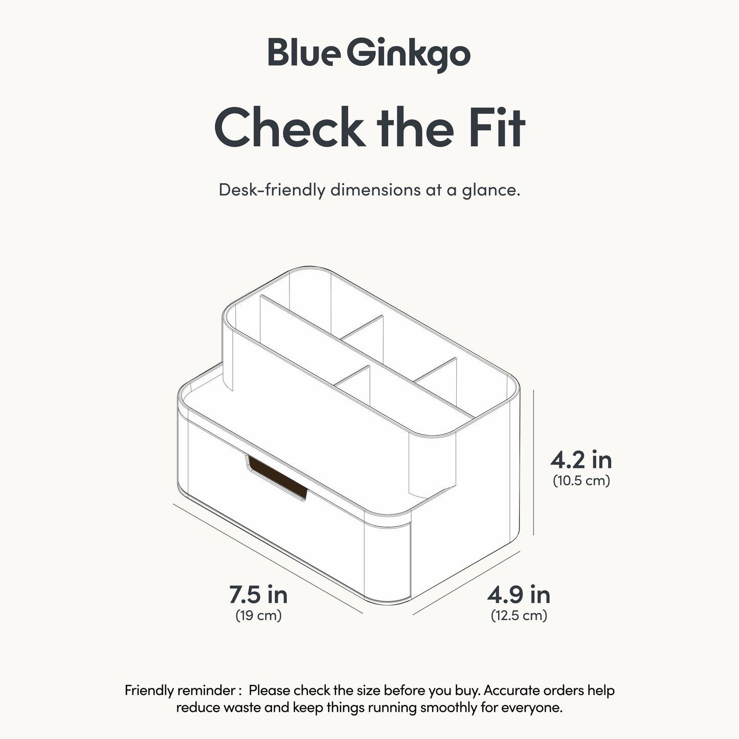 Blue Ginkgo compact desk organizer with dimensions on a white background.