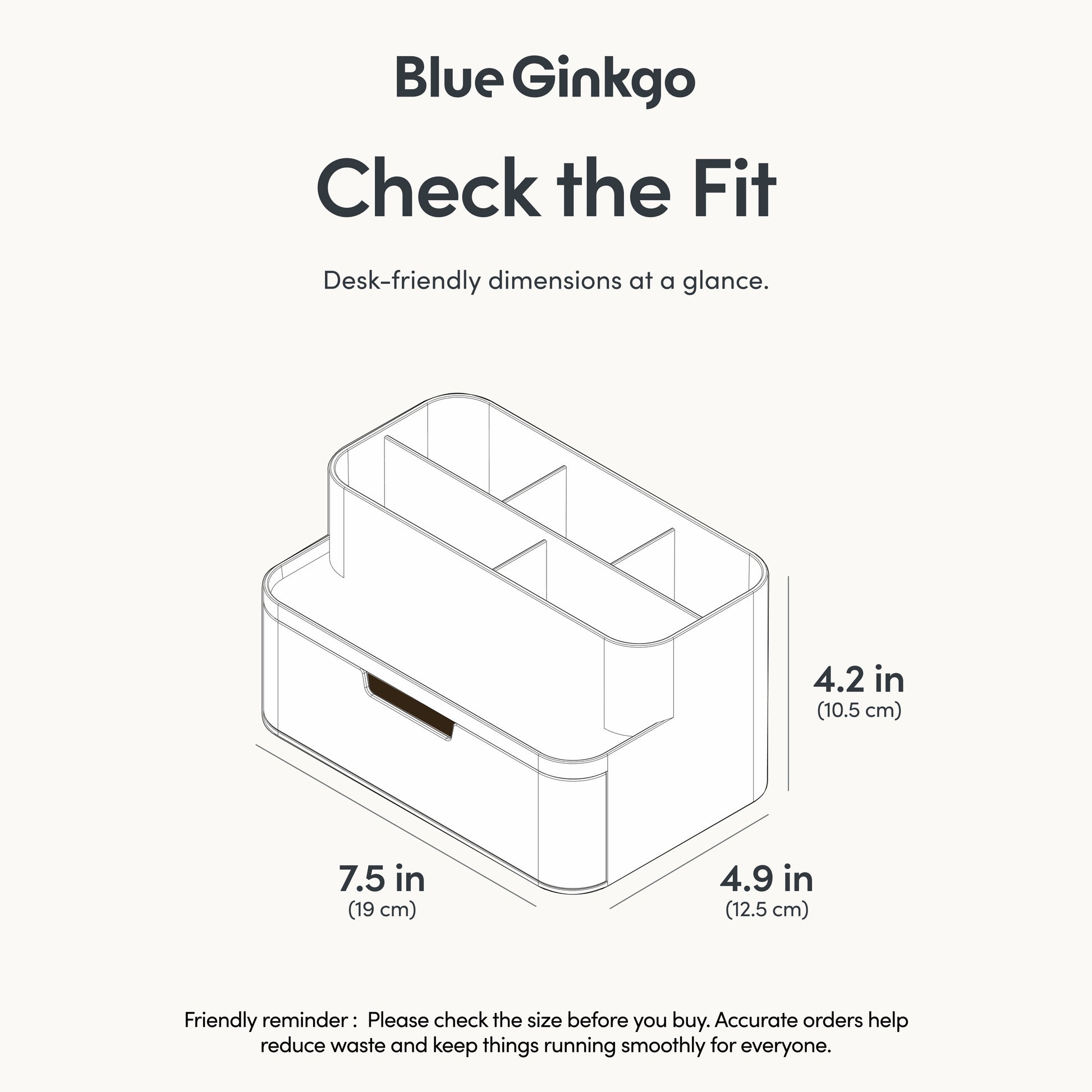 Blue Ginkgo compact desk organizer with dimensions on a white background.