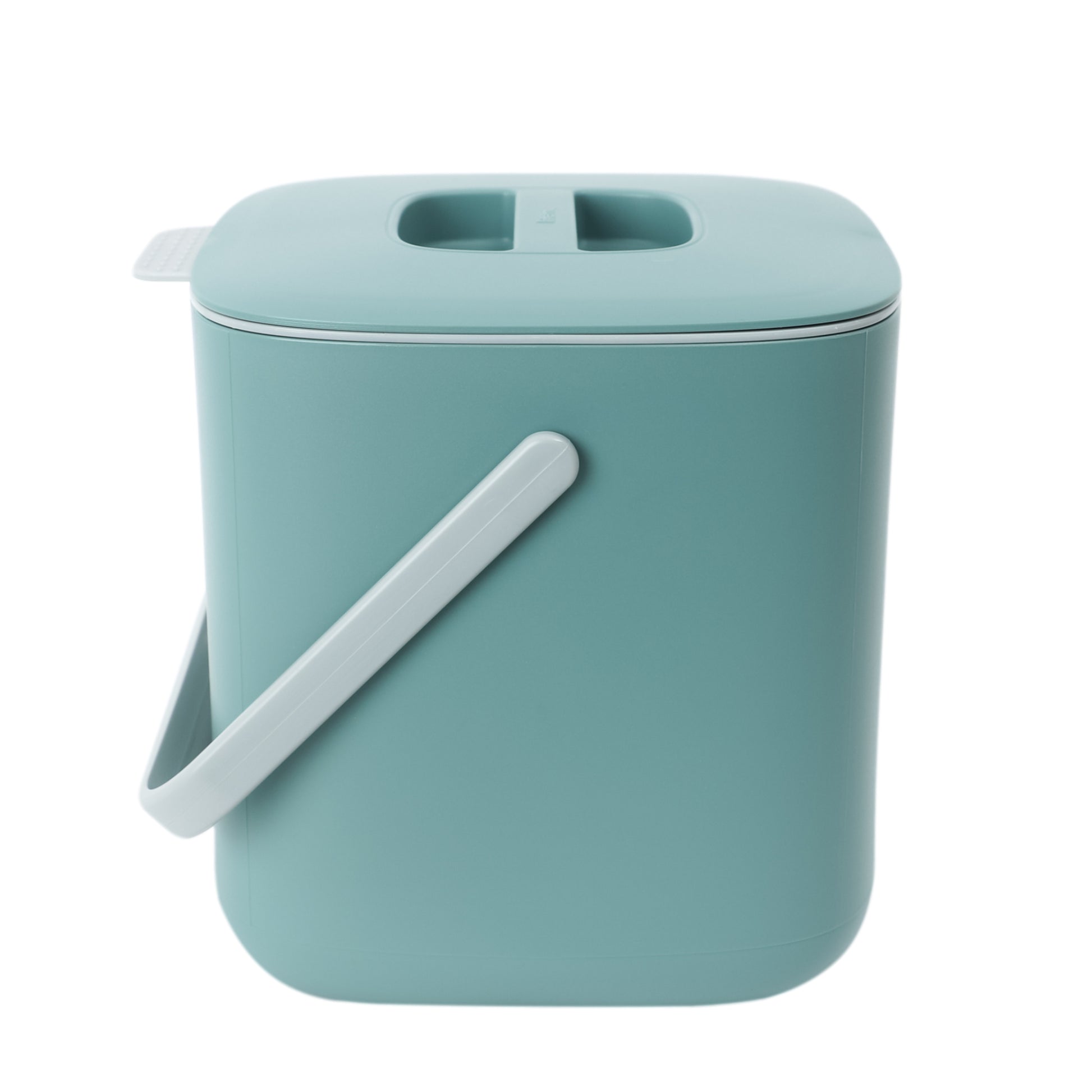 A green food waste bin with a closed lid and handle.