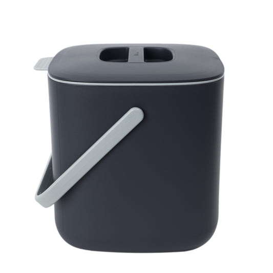 A dark gray food waste bin with a closed lid and handle.