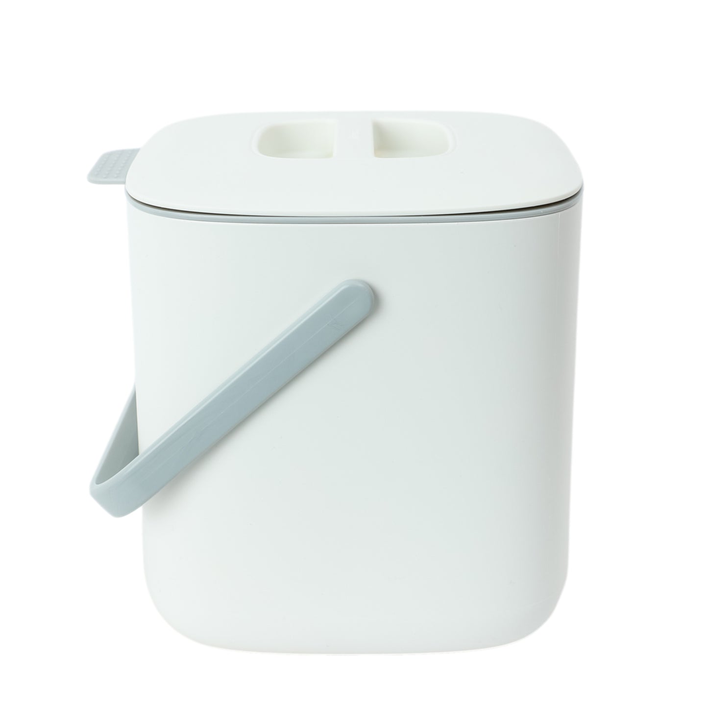 A white food waste bin with a closed lid and handle.
