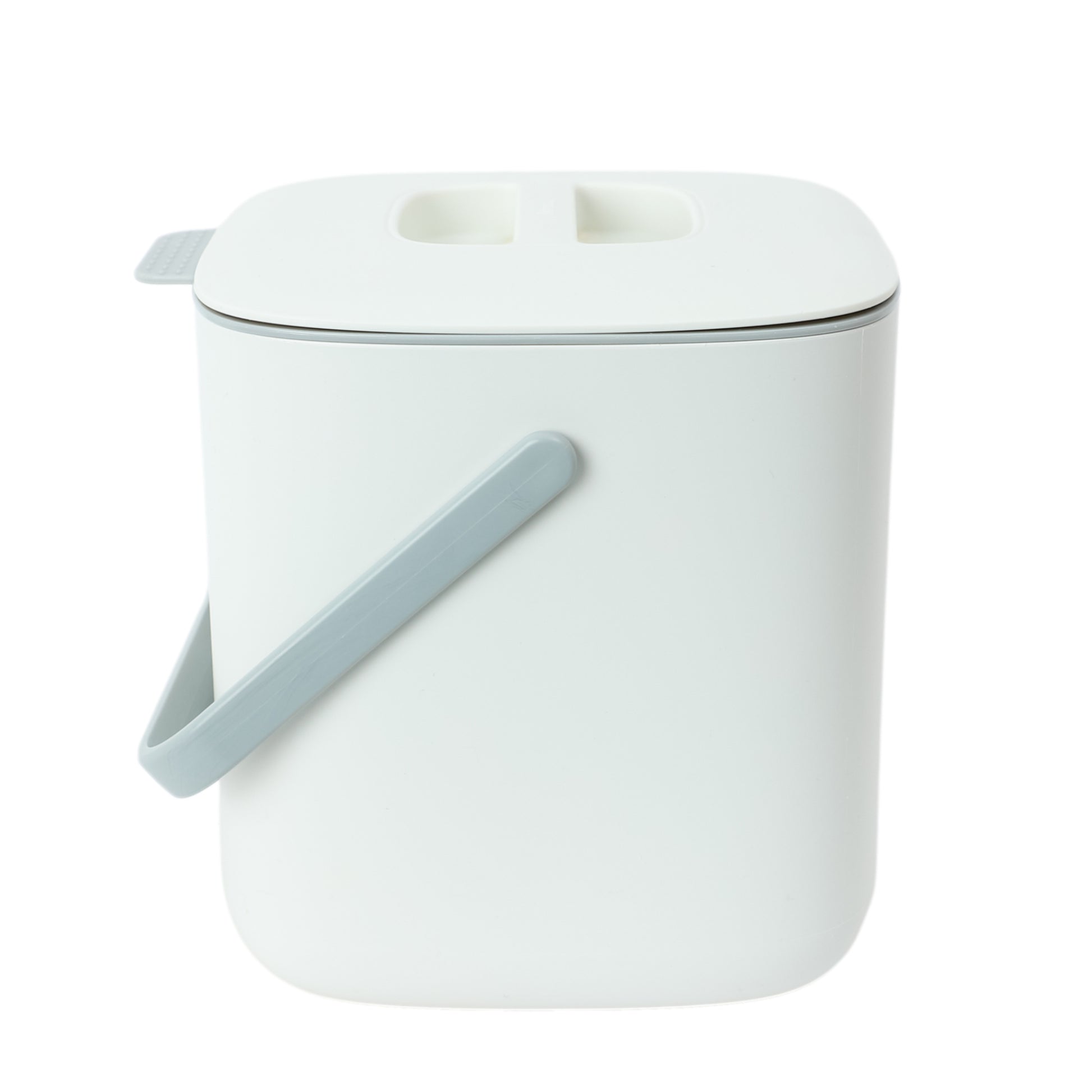A white food waste bin with a closed lid and handle.