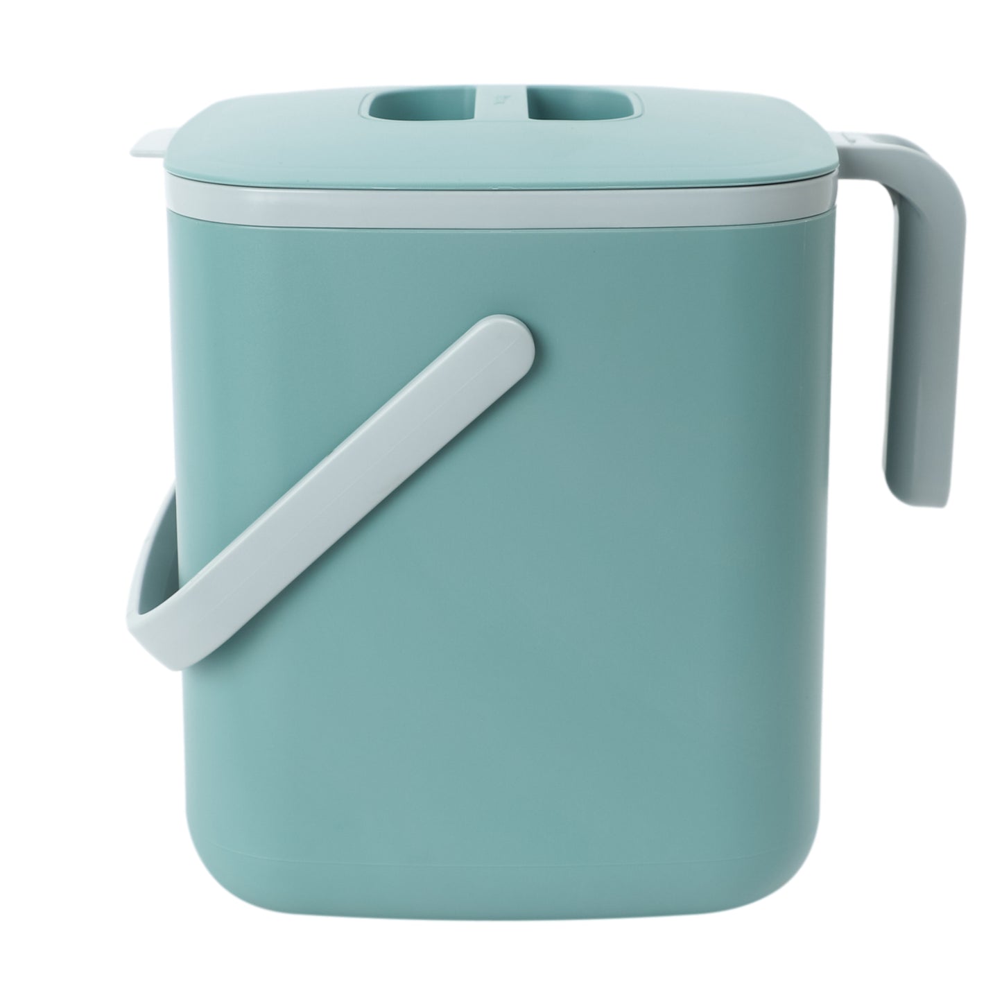 A 5L green food waste bin with a closed lid and handle.