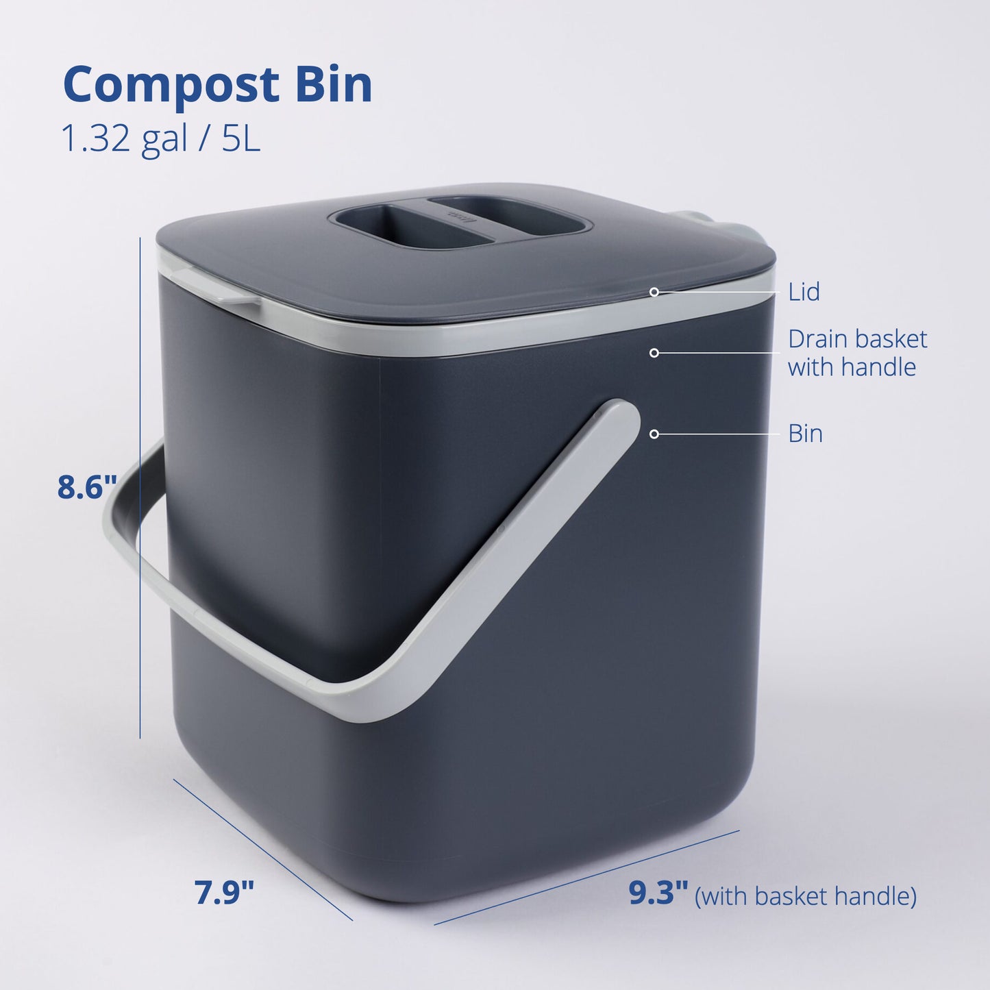 Dimensions of a 5L food waste bin on a white background