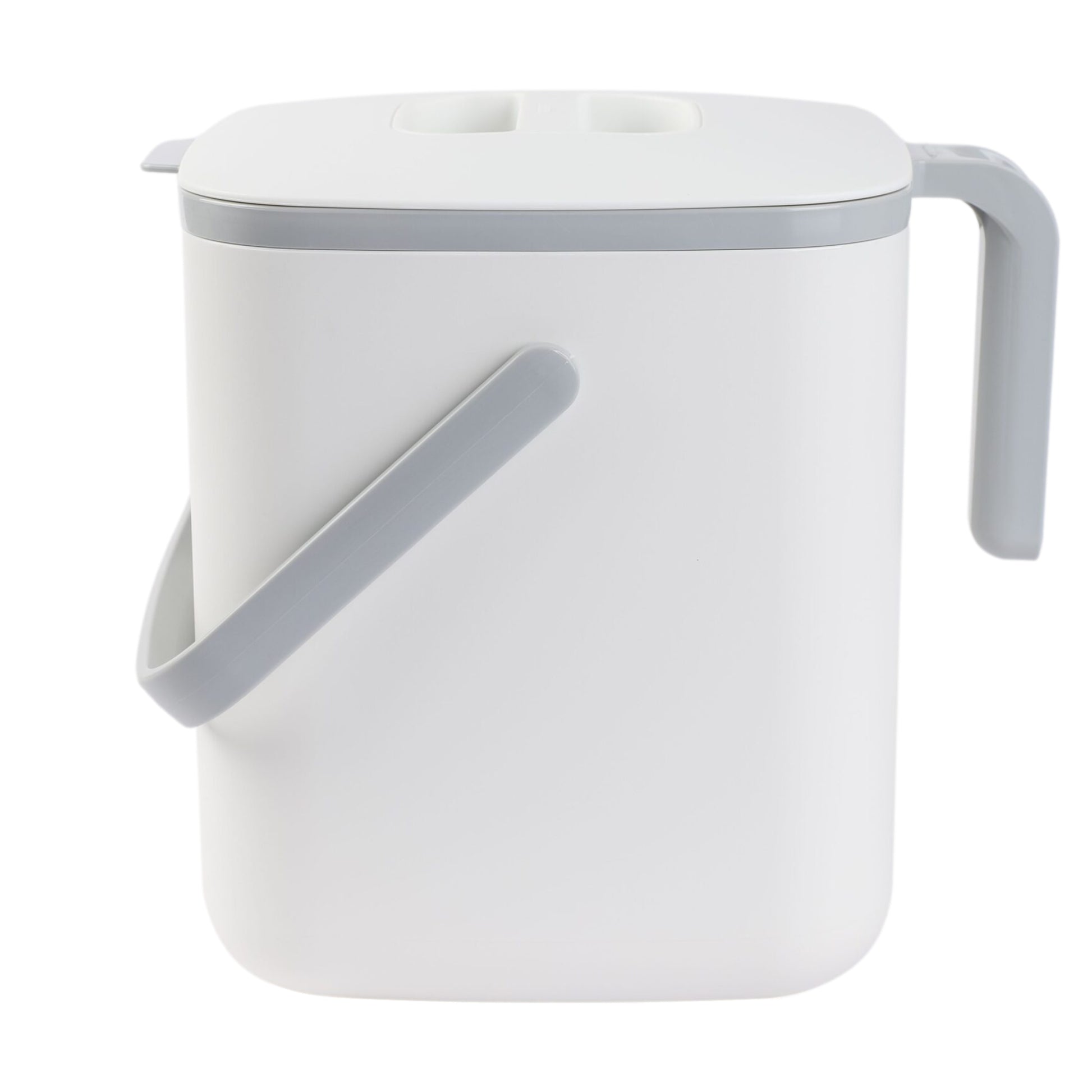 A 5L white food waste bin with a closed lid and handle.
