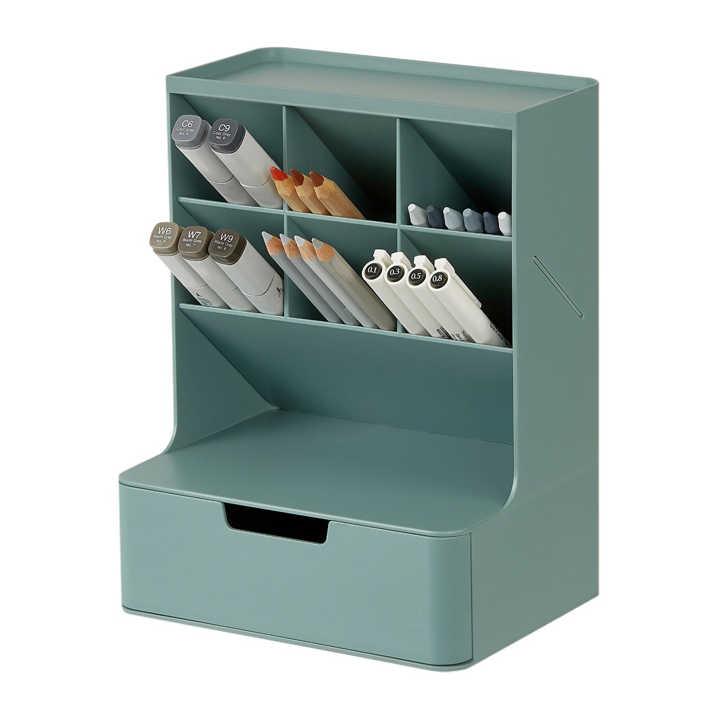 Forest Green Hive Desk Organizer storage unit with shelves and a drawer containing stationery items on a white background.