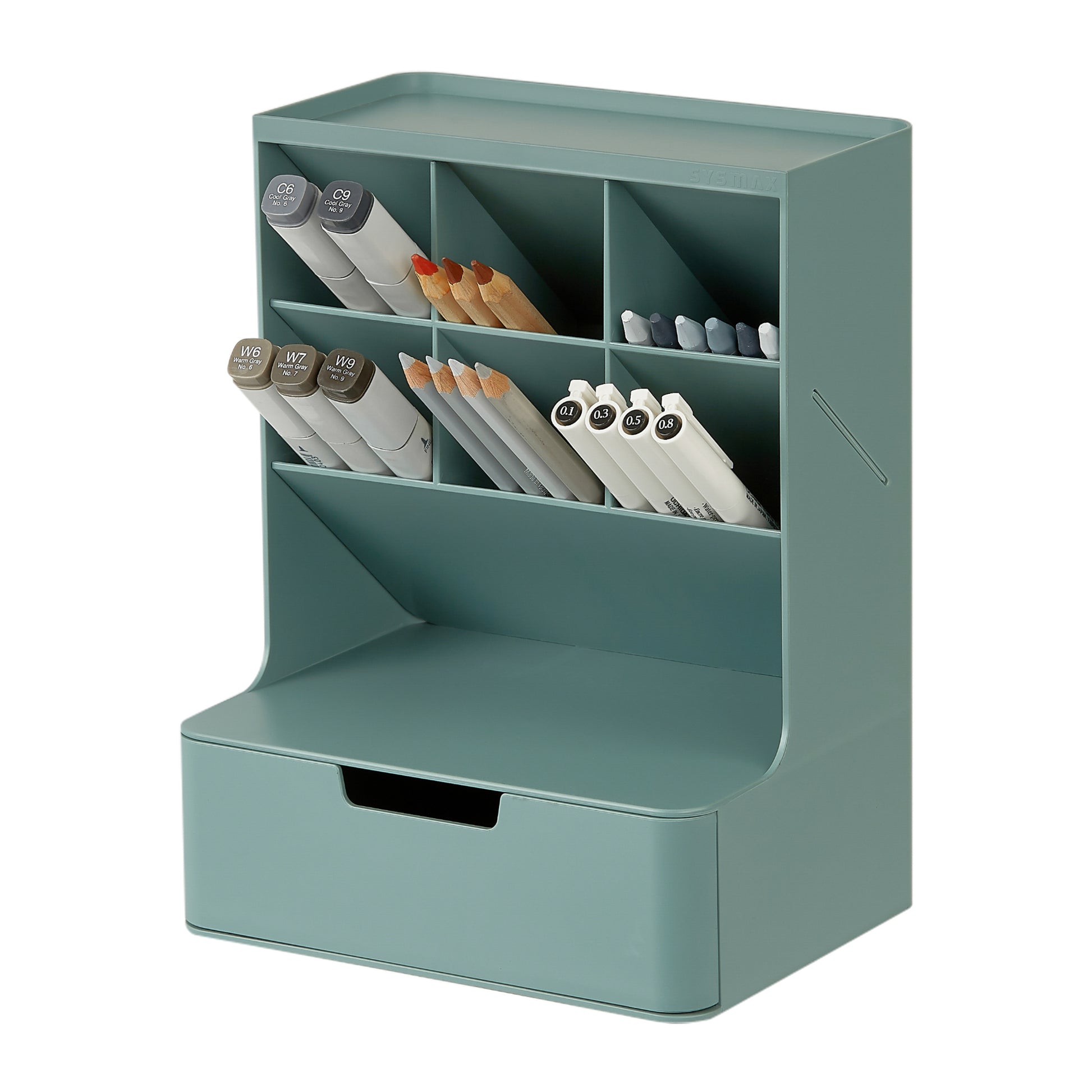 Forest Green Hive Desk Organizer storage unit with shelves and a drawer containing stationery items on a white background.
