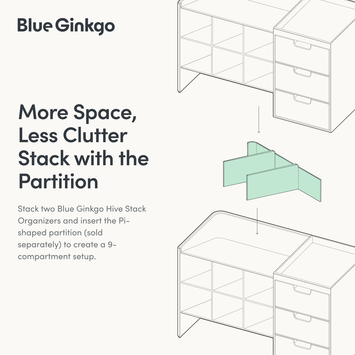 Blue Ginkgo product illustration with text on space-saving solution.