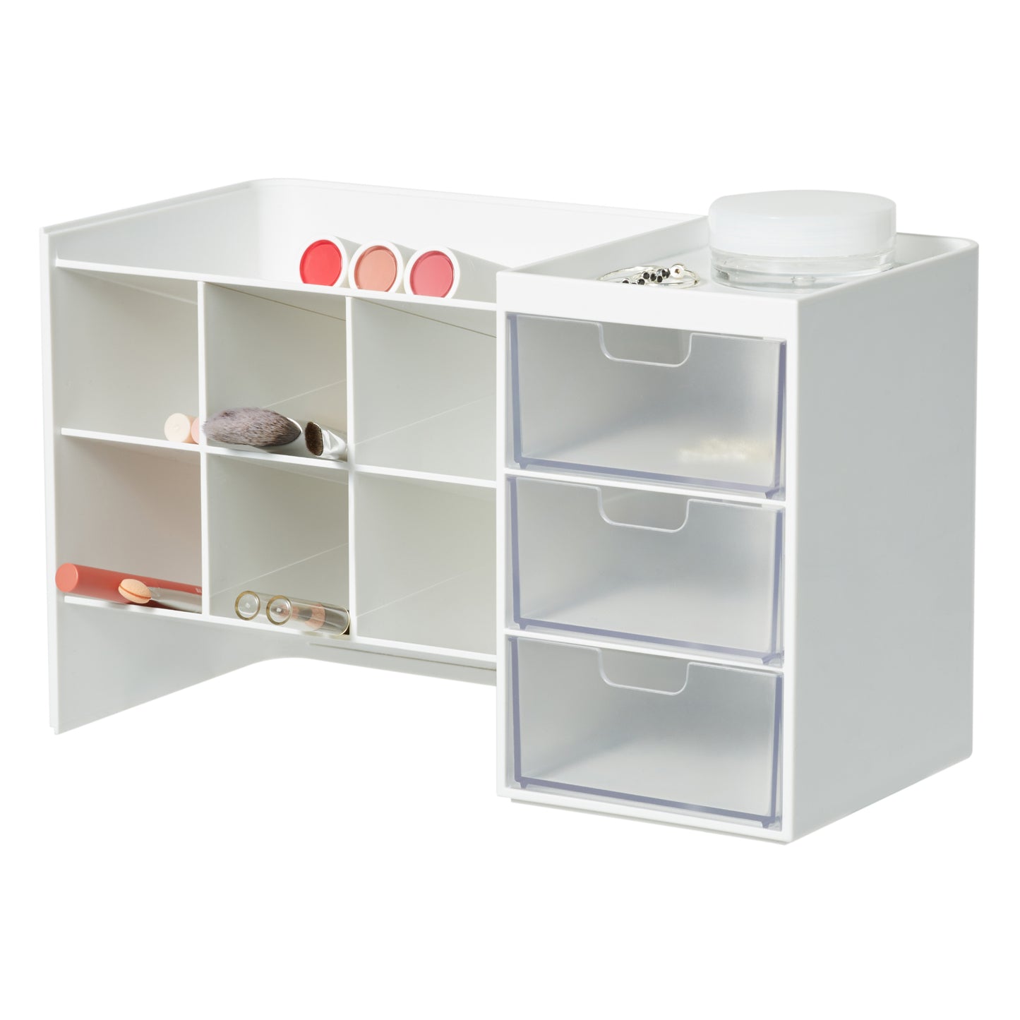 White Hive Stack stackable desk organizer unit with shelves and transparent drawers on a white background.