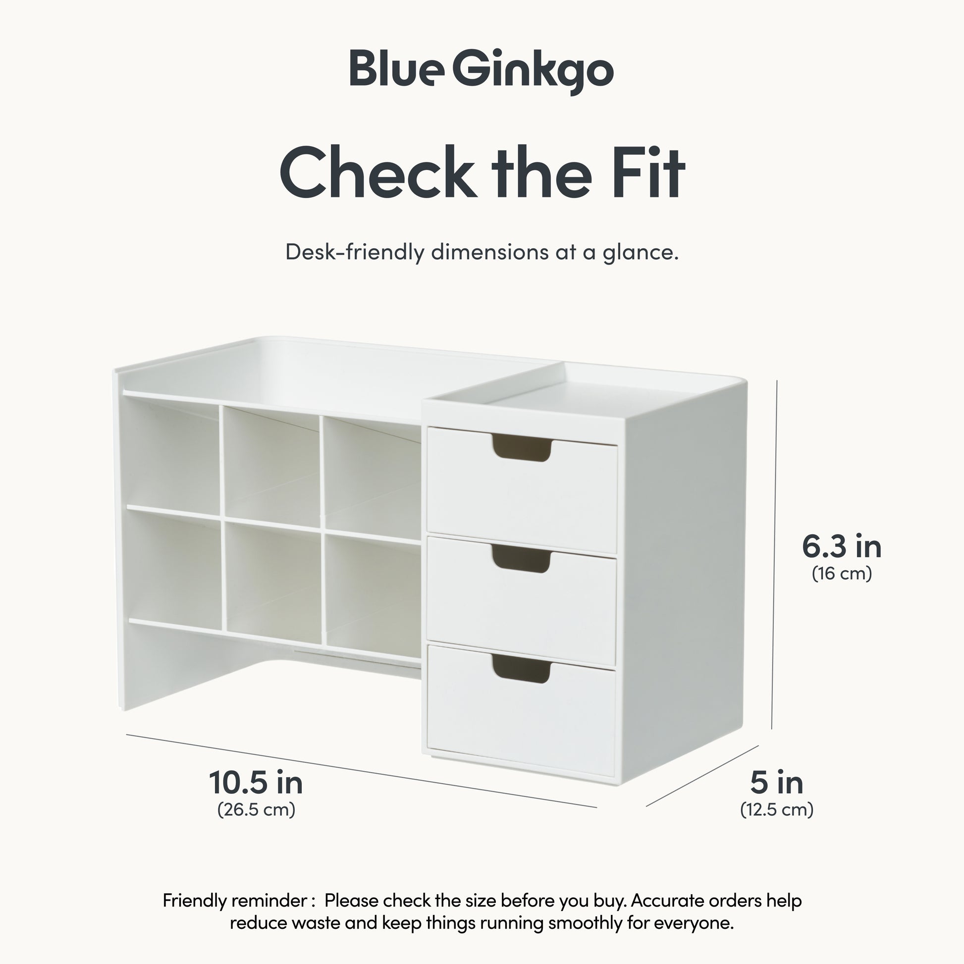 Blue Ginkgo Hive Stack Desk Organizer with dimensions on a white background.