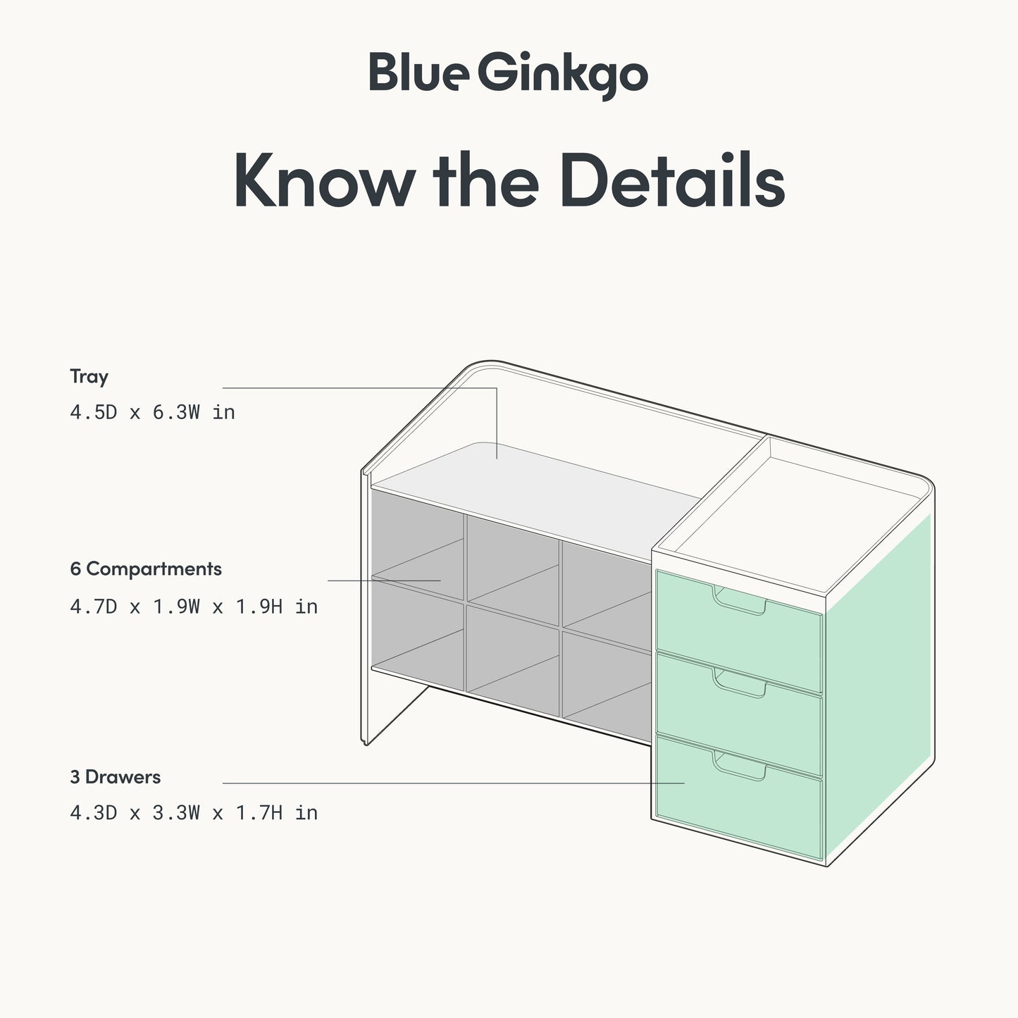 Diagram of Blue Ginkgo Hive Stack desk organizer with dimensions on a white background.
