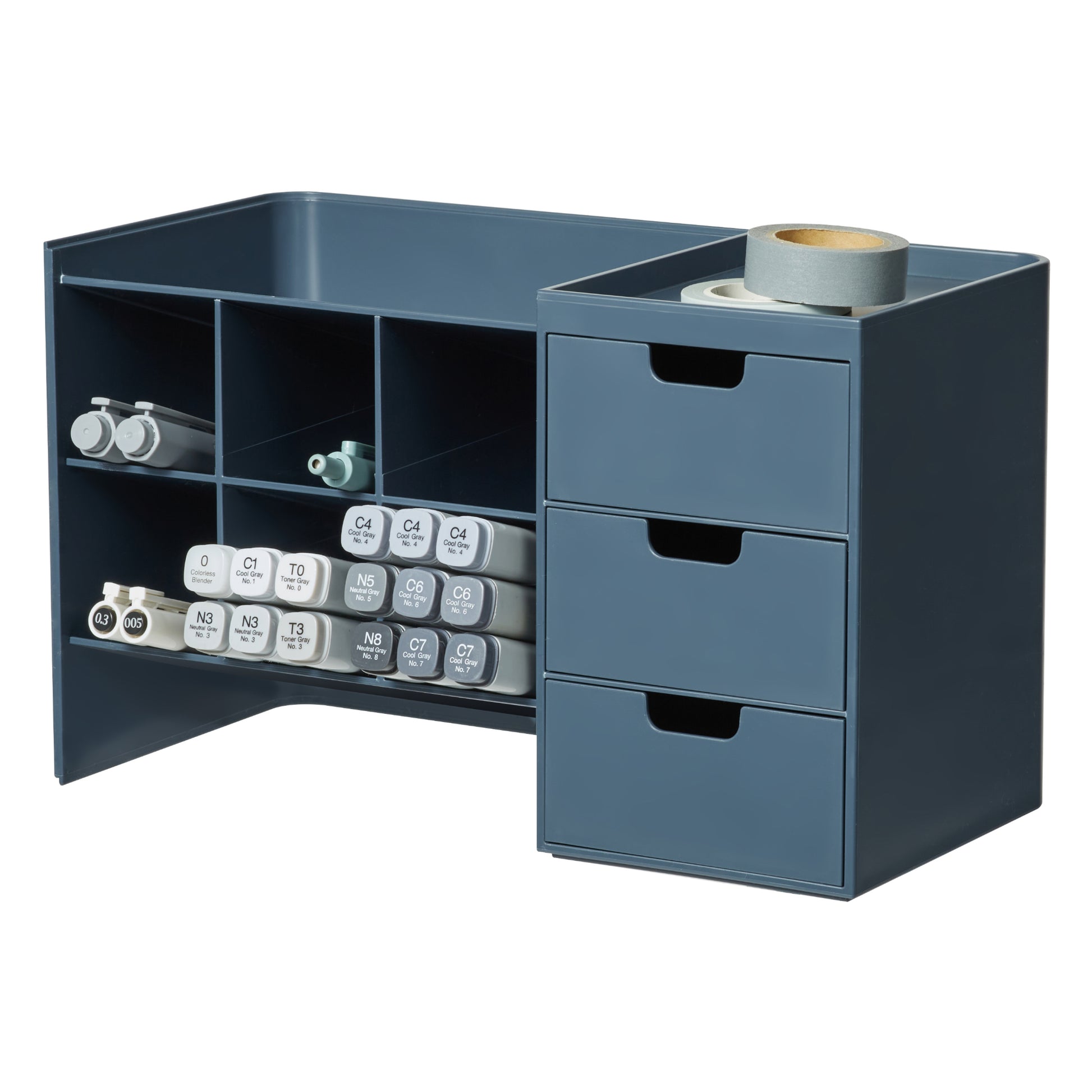 Dark blue stackable hive desk organizer with storage compartments and drawers on a white background