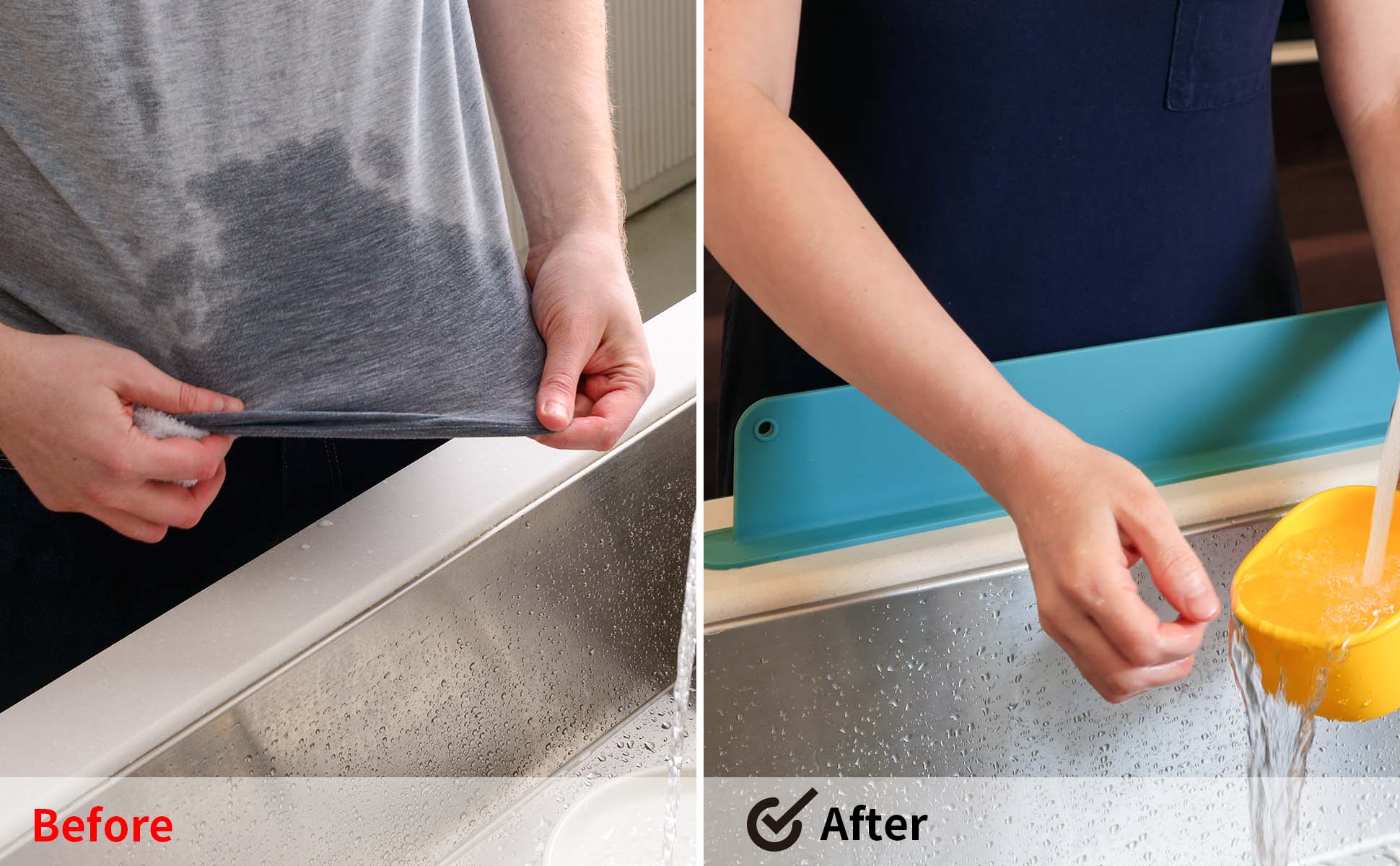 before and after image showing how a sink splash guard can block water splashes