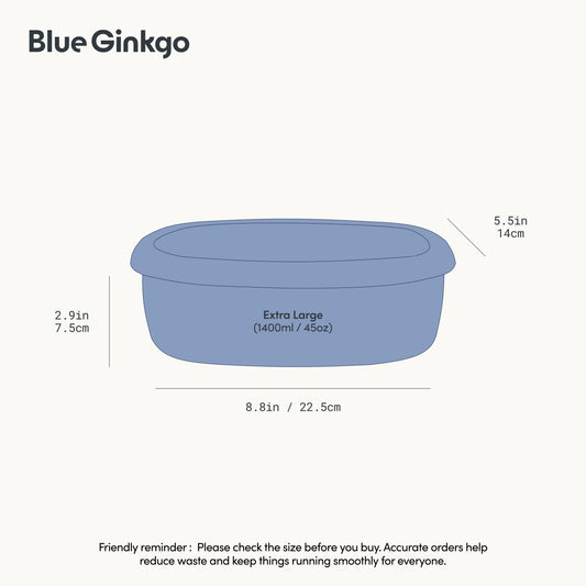 Large silicone container with measurements on a white background