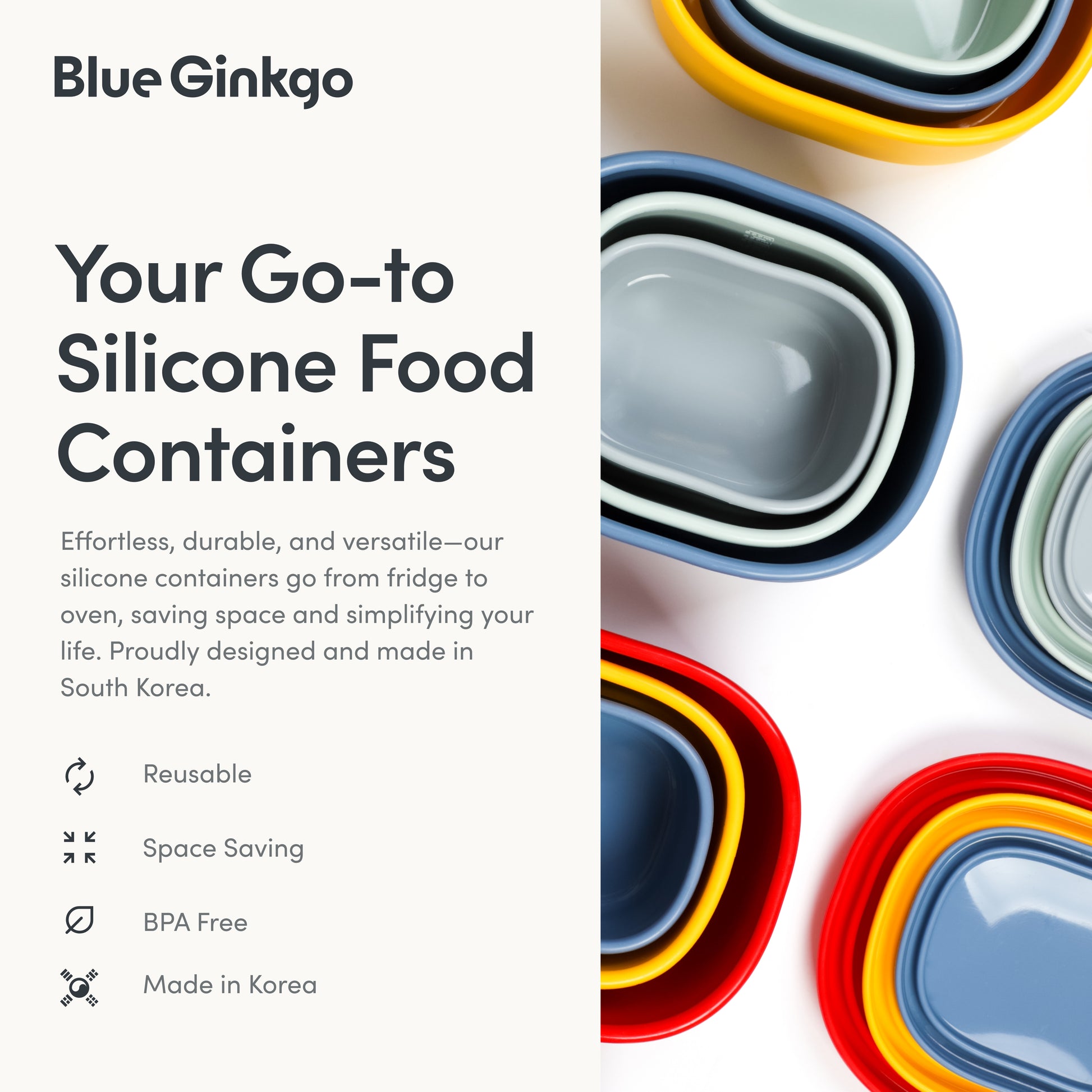 Silicone food containers in various colors with a product features listed.