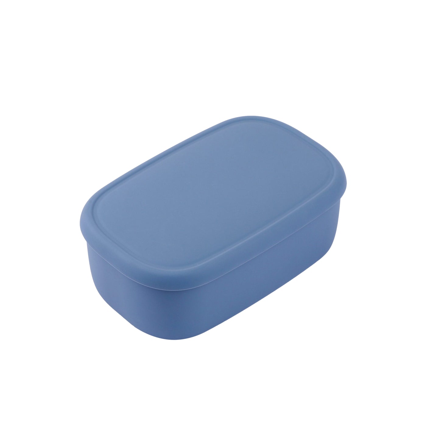 Blue rectangular silicone container with a lid on a white background