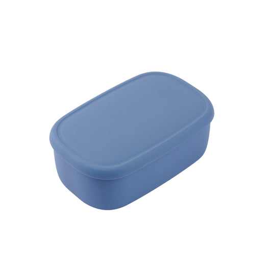 Blue rectangular silicone container with a lid on a white background
