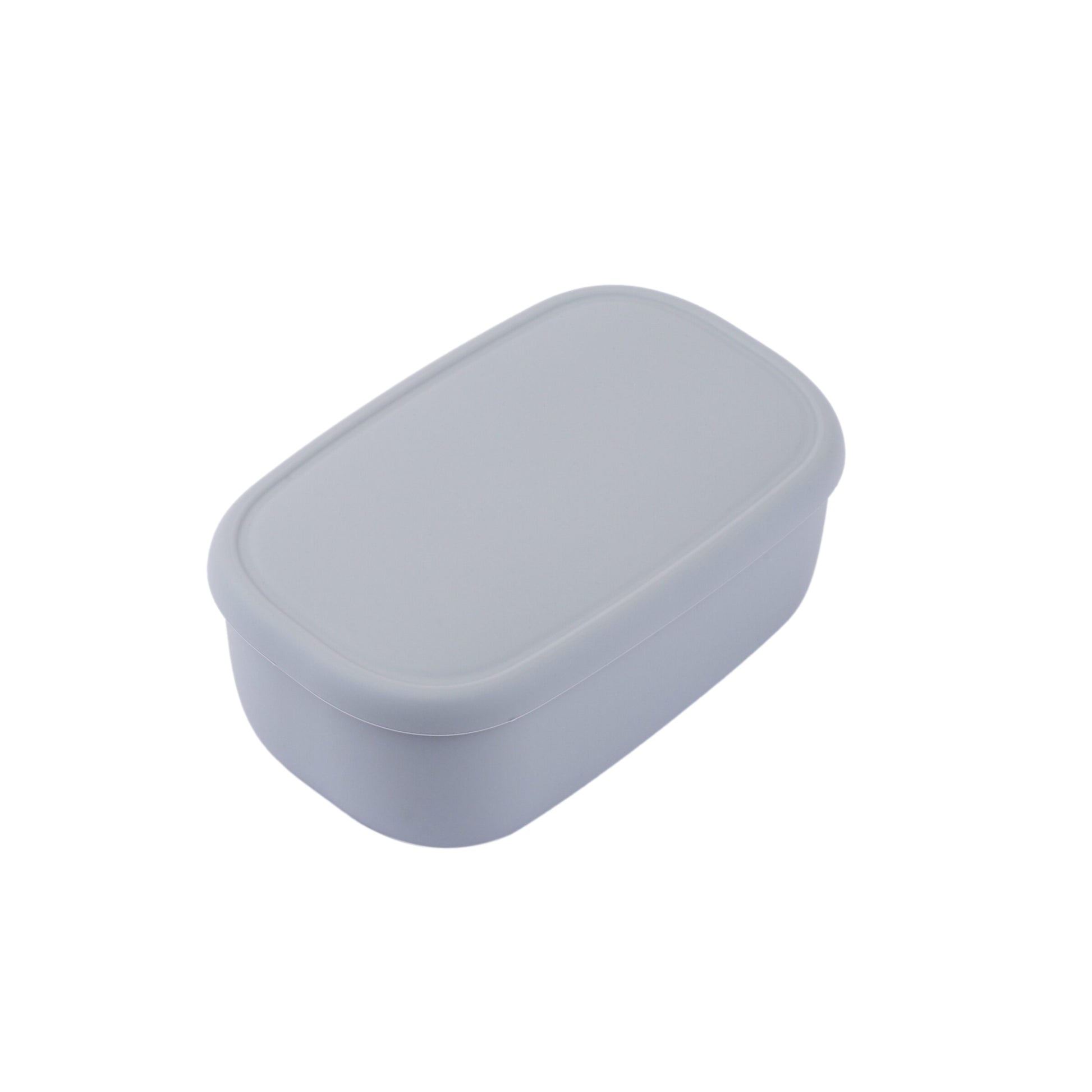 Grey rectangular silicone container with a lid on a white background