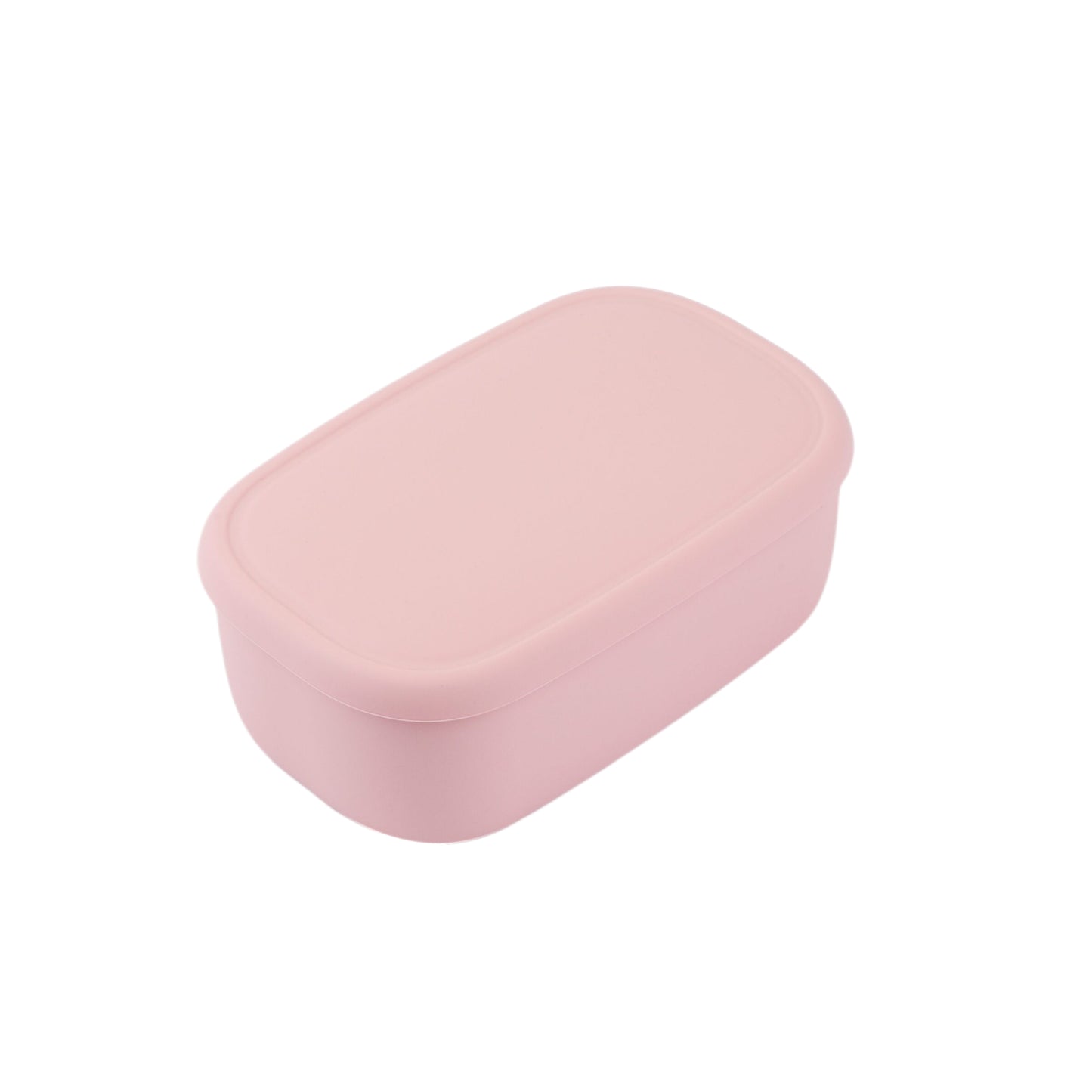 Pink rectangular silicone container with a lid on a white background