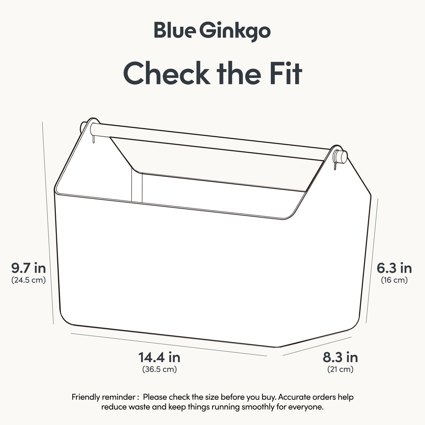 Diagram showing dimensions of a Large Storage Basket on a white background