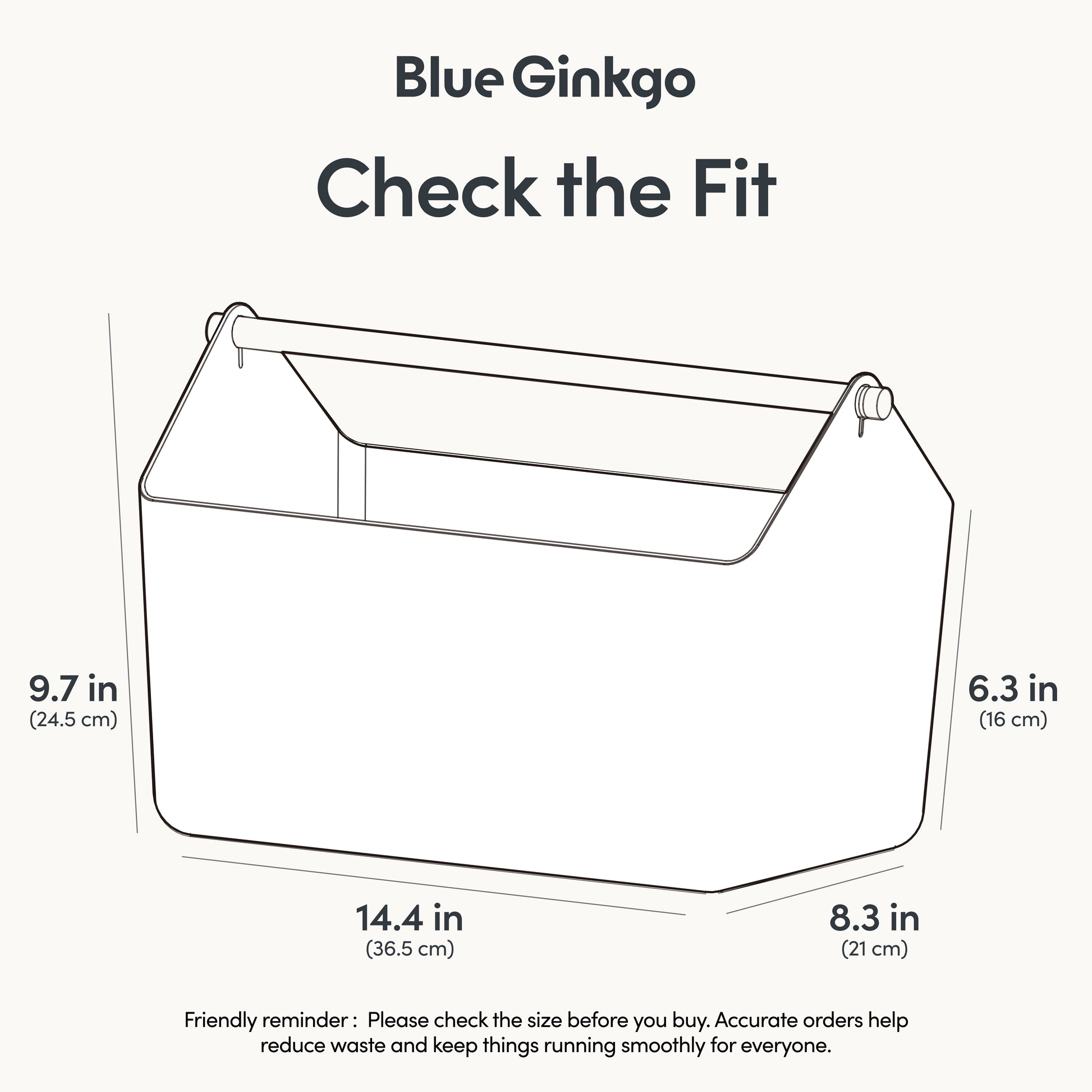 Diagram showing dimensions of a Large Storage Basket on a white background